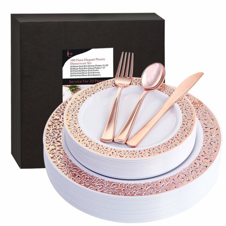100 Piece Rose Gold Elegant Lace Disposable Place Setting Plates with