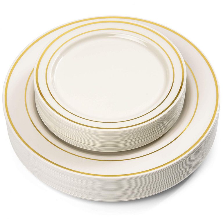 50 Pc Premium Hard Plastic Gold Rimmed Ivory Plate Set By